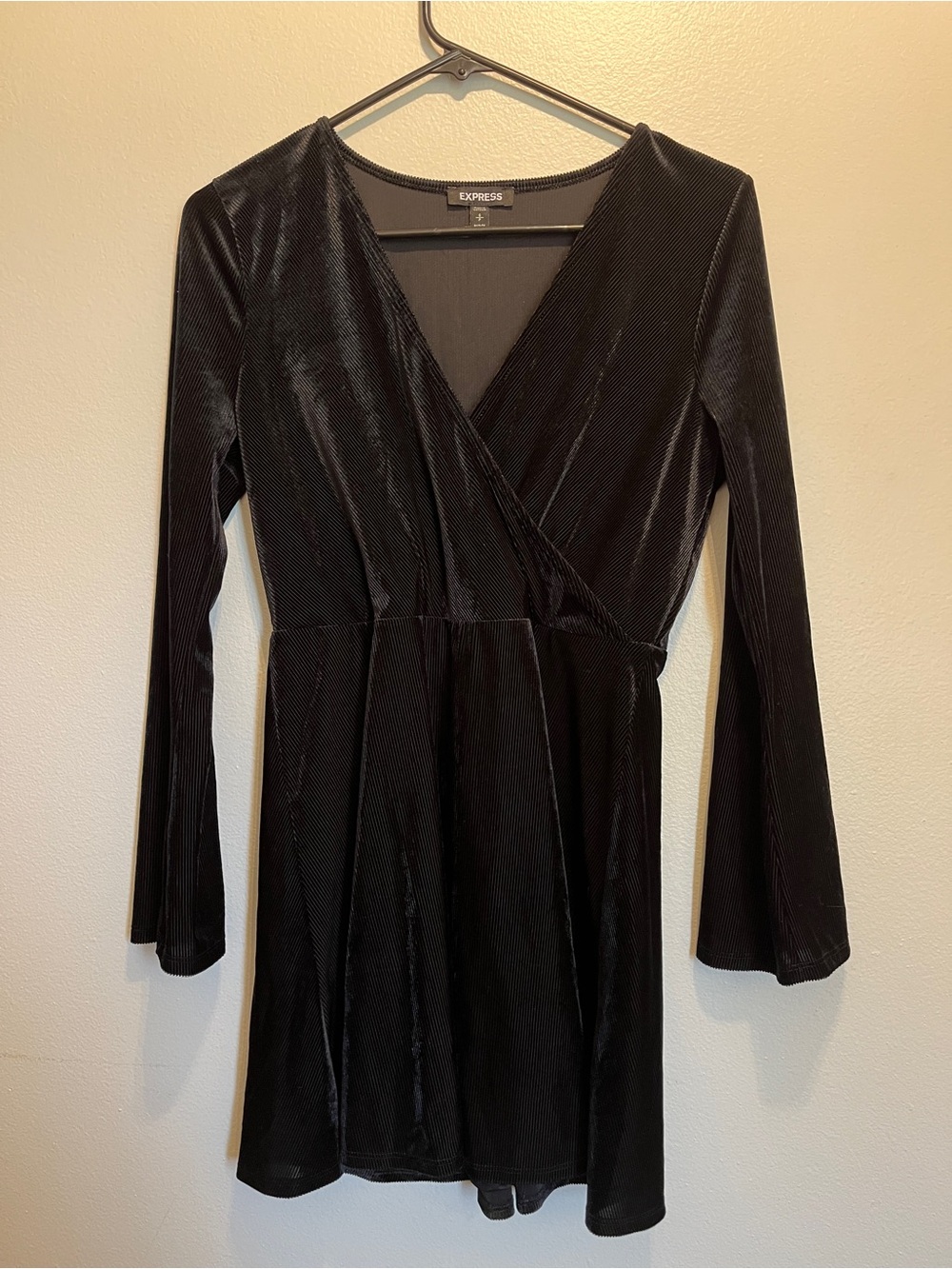 Express Black Velvet Wrap-Front Dress Small Petite Bell Sleave